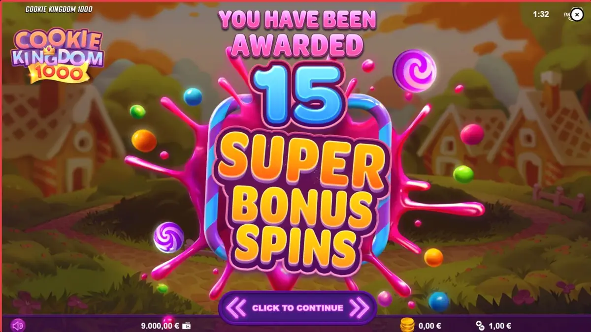 Tangkapan layar permainan slot Cookie Kingdom 1000 dengan simbol permen dan hewan lucu di gulungan