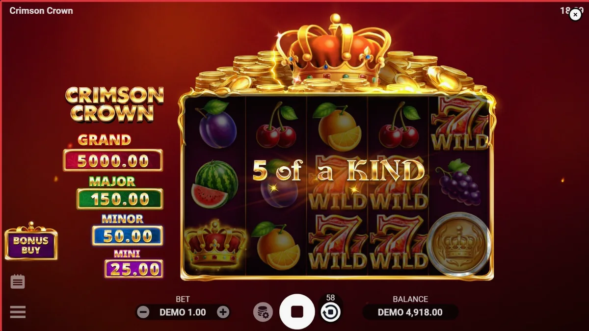 Tampilan visual slot Crimson Crown dengan tema buah dan mahkota emas