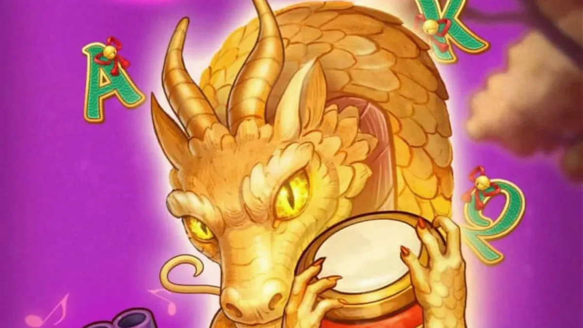 Pemandangan gerbang kuil kuno dengan naga emas dalam slot Song for Dragon